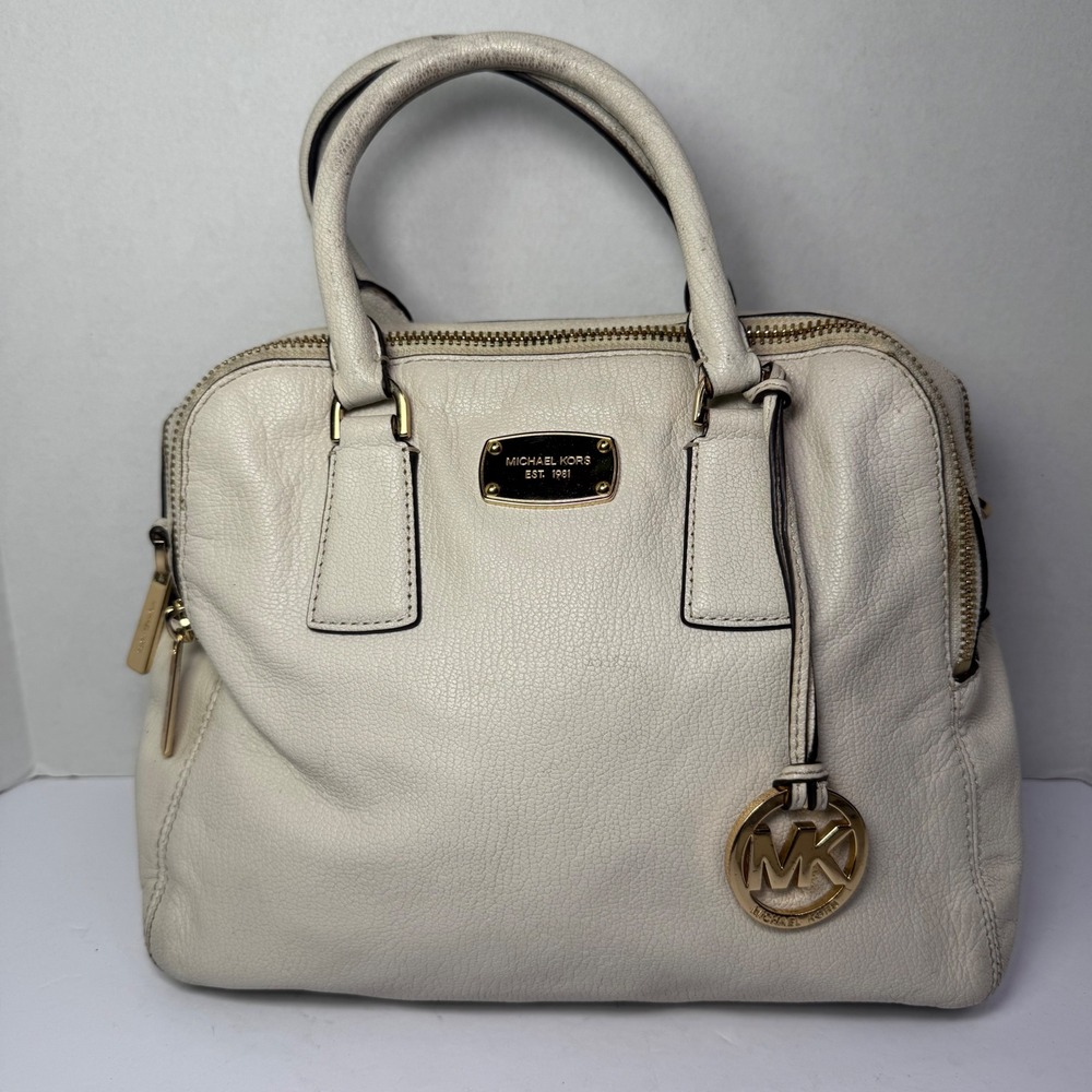 Michael Kors Double Zip Top Handle Satchel Handbag Cream Pebbled Leather & Strap